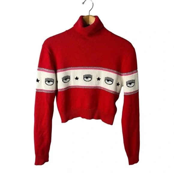 Chiara Ferragni Logomania Turtleneck Sweater Red Size Medium Cropped Wool Blend - Picture 2 of 7